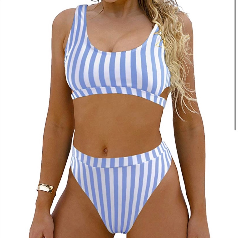 Blue High Waist Striped Bikini Amazon